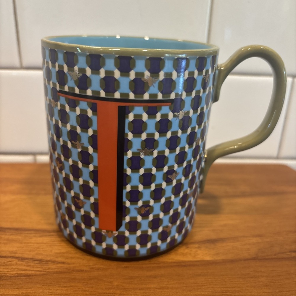 Anthropologie Parker Coffee Cup Mug Monogram Initial Letter T Tiny Gold Bees NEW